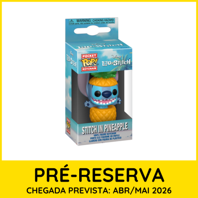 Chaveiro Pocket Pop Stitch vestido de ananás, caixa azul com texto e decoração tropical