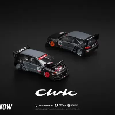Miniaturas de carros Honda Civic cinza para corrida com rodas coloridas e decalques