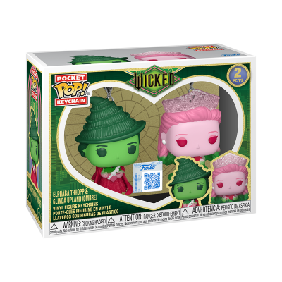 Porta-chaves Funko Pocket Pop! com personagens Wicked Elphaba e Glinda, em embalagem verde