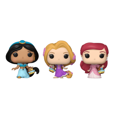 Bonecos Funko Pop de personagens femininas em roupas azuis, lilás e rosa segurando caixas pequenas
