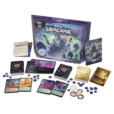 Jogo de cartas Disney Lorcana com cartas, tokens e caixa