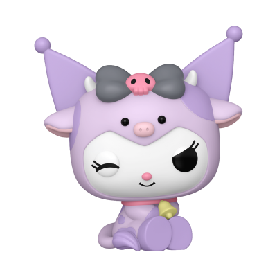 Figura decorativa lilás com laço cinzento e caveira rosa, olhos pintados e sino amarelo.