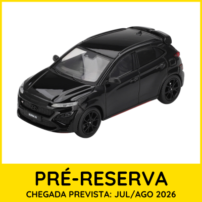 Miniatura de carro preto Hyundai KONA N com texto de pré-reserva e data de chegada