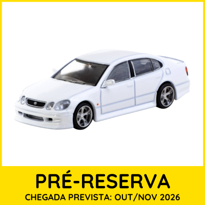 Modelo de carro de brinquedo branco com texto de pré-reserva em fundo amarelo