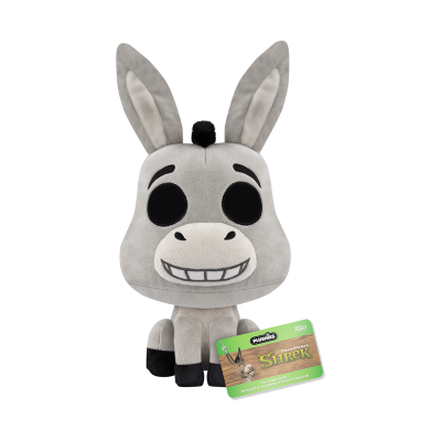 Pelúcia do personagem burro do filme Shrek com etiqueta verde