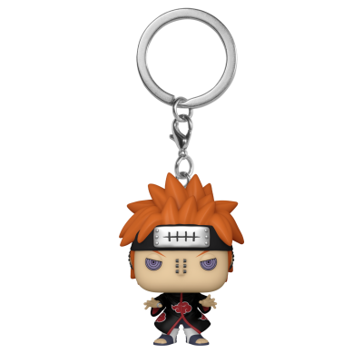 Porta-chaves Funko Pop do personagem Pain de Naruto com cabelo castanho-alaranjado e roupa preta com vermelho