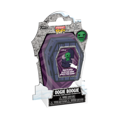 Figura Funko Pocket Pop! Oogie Boogie em embalagem de caixão roxo e cinza