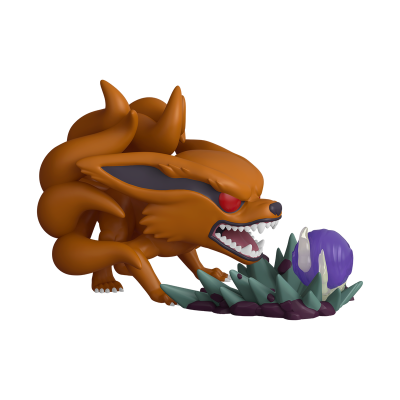 Figura de raposa de nove caudas laranja com olhos vermelhos e esfera roxa com dentes