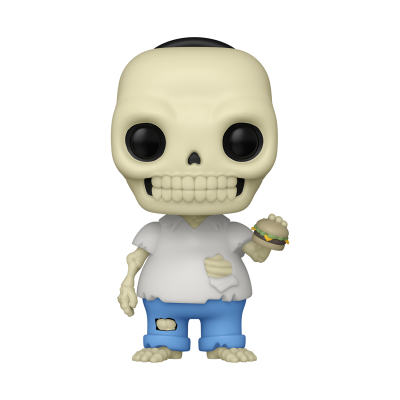 Figura colecionável de personagem esqueleto com camisa branca rasgada e calças azuis segurando um hambúrguer
