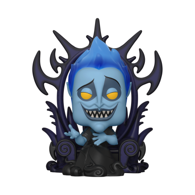 Figura vinil Funko Pop com cabelo azul e cara azul, sentada em cadeira preta decorativa