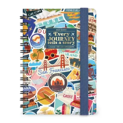 Caderno de capa colorida com destinos turísticos e texto 2027 DIARY Every JOURNEY tells a story.