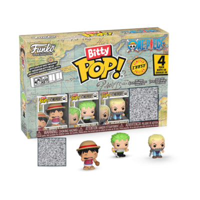 Conjunto de quatro mini figuras Funko Bitty Pop! de One Piece em caixa colorida temático.