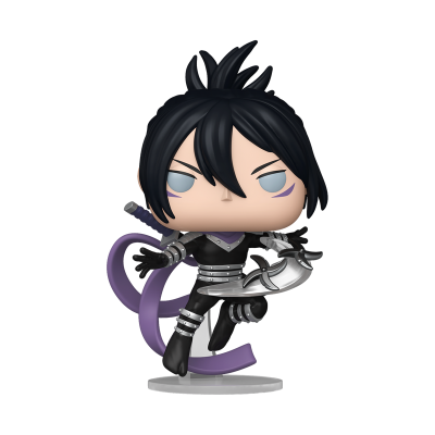 Figura colecionável Funko Pop de personagem com cabelo preto, roupas pretas e detalhes prateados segurando lâminas curvas.