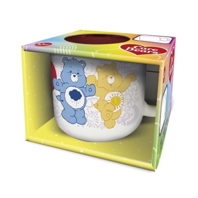 Caneca Care Bears branca com desenhos coloridos embalada em caixa colorida