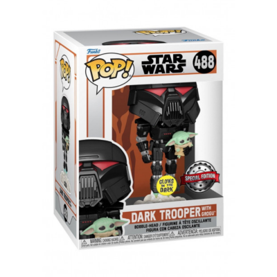 Funko Pop Dark Trooper with Grogu na caixa branca com detalhes de Star Wars