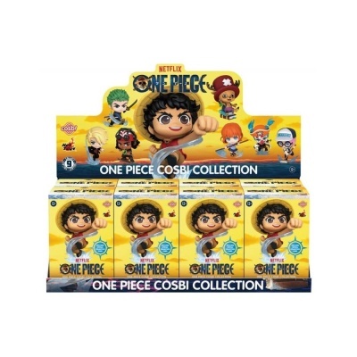 Expositor amarelo com caixas da coleção One Piece Cosbi