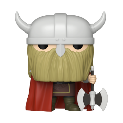 Figura colecionável estilo Funko Pop de guerreiro viking com capacete, barba, capa e machado