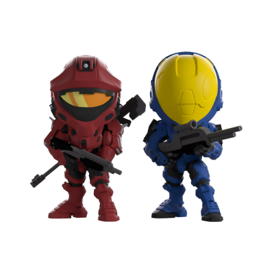 Bonecos colecionáveis de soldados com armaduras vermelha e azul segurando armas.