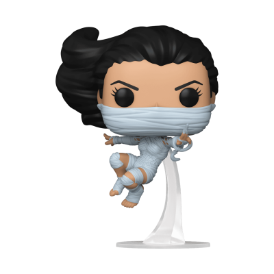 Figura Funko Pop de personagem feminina em faixas brancas com base transparente