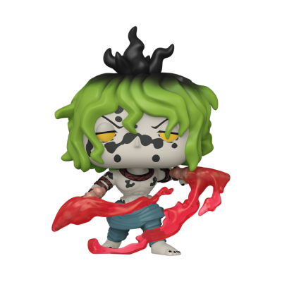 Figura colecionável de personagem com cabelo verde e preto, efeito de chama vermelha