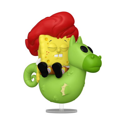 Figura colecionável de esponja amarela com cabelo vermelho num cavalo-marinho verde