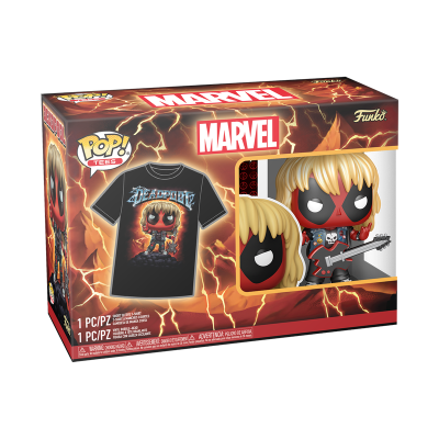 Caixa Funko Pop! Marvel Deadpool com figura e t-shirt preta com imagem do Deadpool