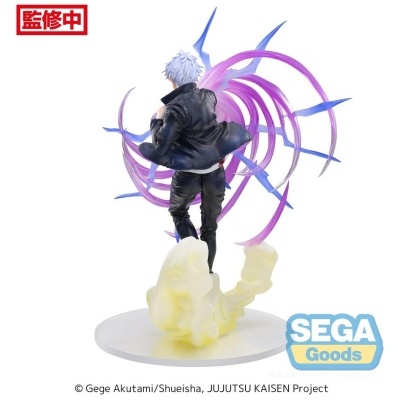 Figura colecionável do personagem Gojou Satoru com efeitos roxos e base amarela