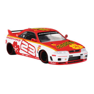 Miniatura de carro de corrida vermelha e branca com números e texto Kaidoworks