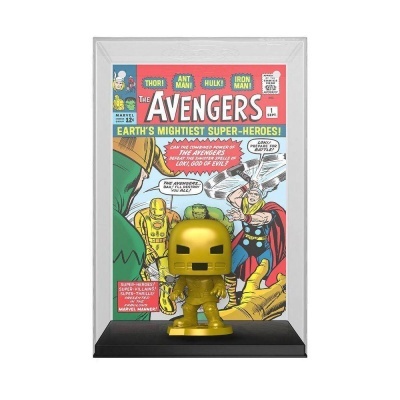 Figura Funko Pop dourada do Homem de Ferro em base preta com capa da revista Avengers #1 em moldura clara