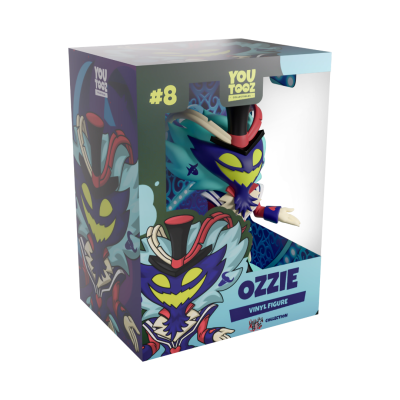 Figura de vinil Ozzie com máscara azul e amarela na caixa