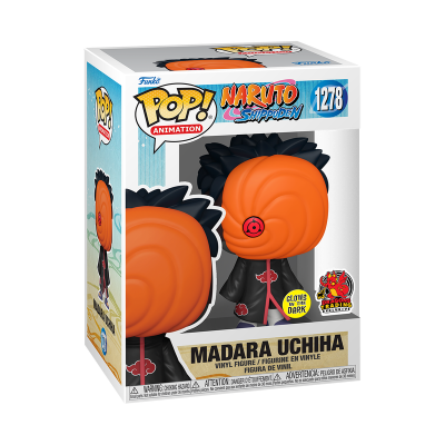 Funko Pop Madara Uchiha Naruto Shippuden com máscara espiral laranja em embalagem