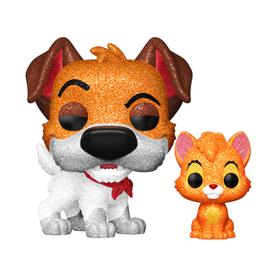 Figuras colecionáveis brilhantes de cão e gato laranja e branco.