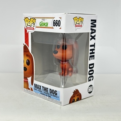 Figura de vinil POP do cão Max do filme The Grinch na sua caixa branca com janela transparente.