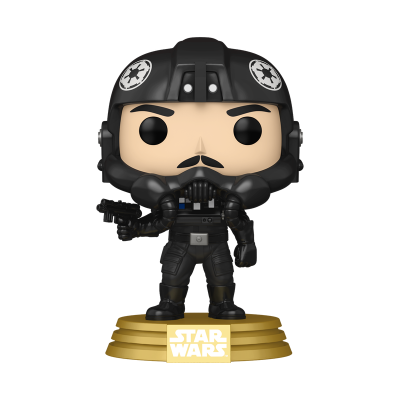 Figura colecionável Funko Pop do piloto de caça estelar de Star Wars numa base dourada