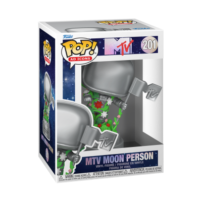 Caixa Funko Pop! com figura MTV Moon Person cromada segurando bandeira MTV, número 201