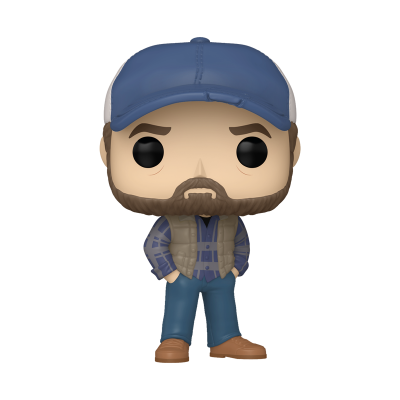 Figura colecionável Funko Pop de homem com barba, camisa xadrez azul, colete pardo, calças azuis, sapatos castanhos e boné azul com branco