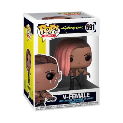 Caixa Funko Pop! Cyberpunk V-Female, vinil, personagem com cabelo rosa e castanho, com arma