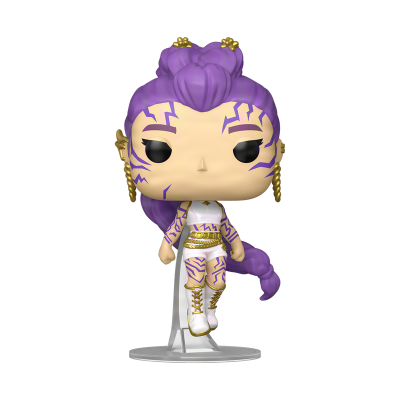 Figura Funko Pop feminina com cabelo roxo e trançado e roupa branca com dourado