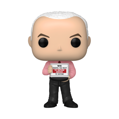 Figura Funko Pop homem com cabelo branco e placa com texto sobre recusar serviço