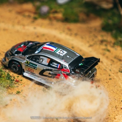 Miniatura de carro de rali cinzento em pista de terra