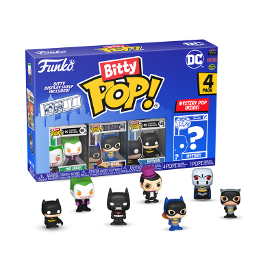 Pack de 4 figuras Funko Bitty Pop! da DC Comics com Batman, Coringa e outras figuras em miniatura.