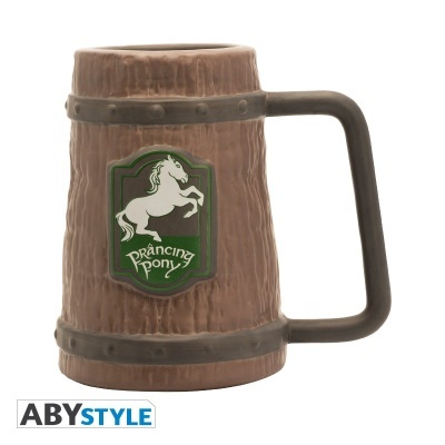 Caneca estilo barril castanha com etiqueta verde e cavalo branco Prancing Pony
