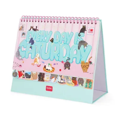 Calendário de secretária com ilustrações de gatos e texto EVERY DAY IS CATURDAY