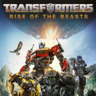 Cartaz do filme Transformers: Rise of the Beasts com robôs coloridos em paisagem montanhosa