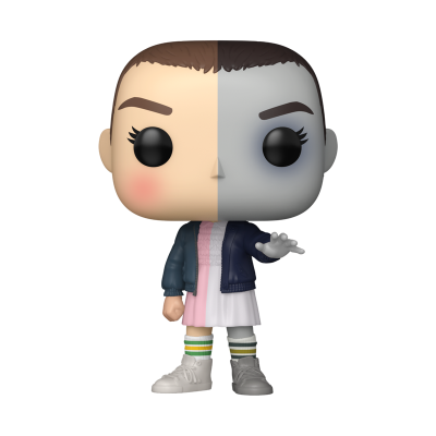 Figura Funko Pop com rosto metade castanho metade cinza, casaco azul, vestido rosa e branco, meias riscas verdes e sapatos brancos