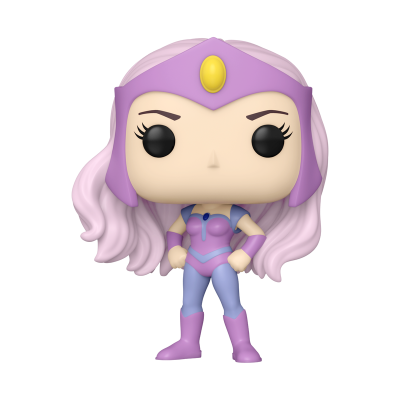 Figura colecionável Funko Pop com fantasia roxa e cabelo rosa claro