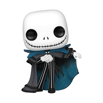Boneco estilizado Funko Pop do Jack Skellington com roupa preta e riscada e capa azul