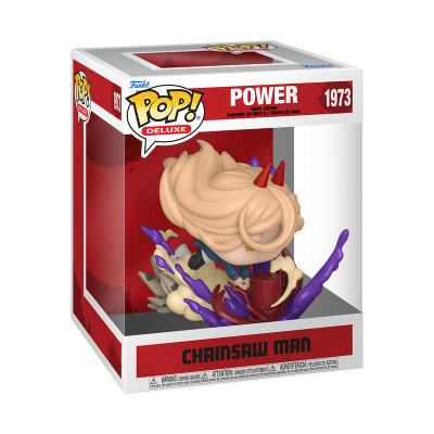 Figura vinyl POP Deluxe Chainsaw Man na caixa vermelha com texto POWER 1973