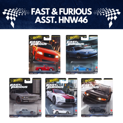 Cinco carros Hot Wheels Fast & Furious em embalagens na cor azul escuro