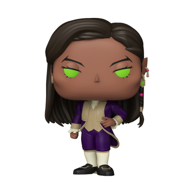 Figura Funko Pop de personagem com casaco roxo e olhos verdes